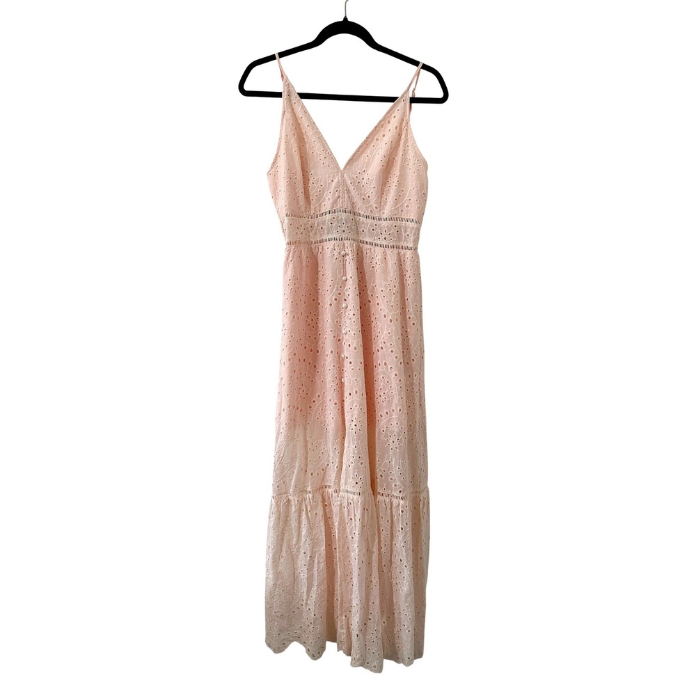 Simplee Pink Eyelet Maxi Dress Womens L V-Neck Boho Tiered Scallop Hem Cottage